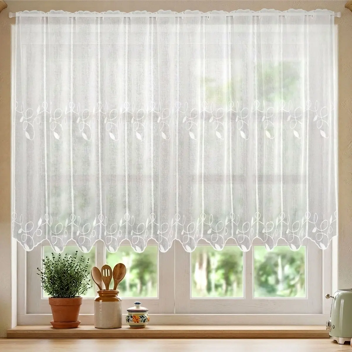 Forbyt Vitrážová záclona polyesterový BR27307, točené listy, bílá výška 90cm (v metráži)
