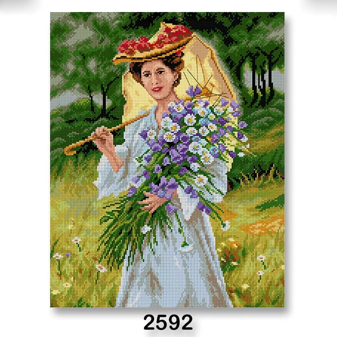 VTC Vyšívací předloha, obrázek na vyšívání 70242/2592, dáma s květinami, zelena, 40x50cm