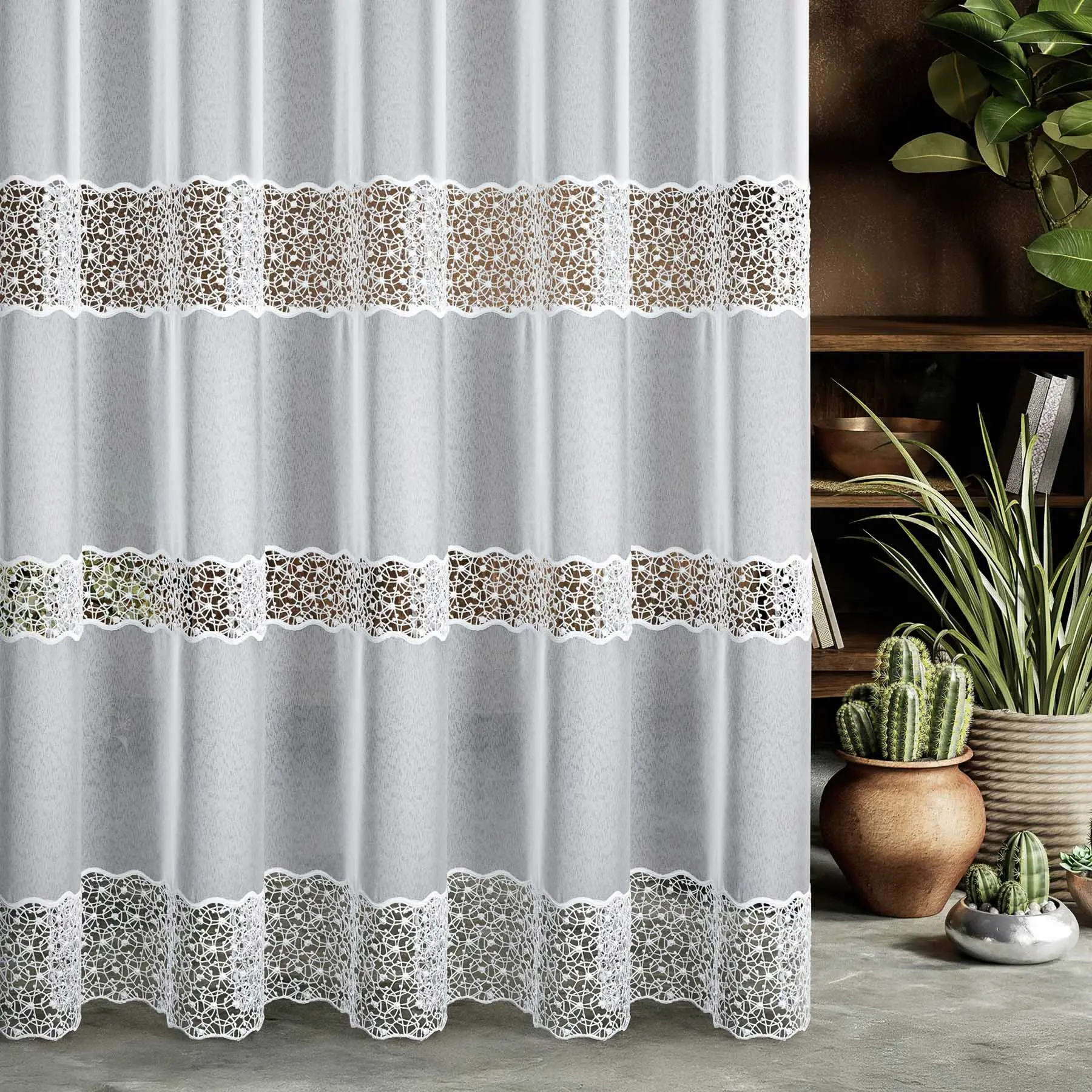 Eurofirany Záclona sablé 25030, vyšívaný ornament, s bordurou, bílá, bílá, výška 100cm ( v metráži)