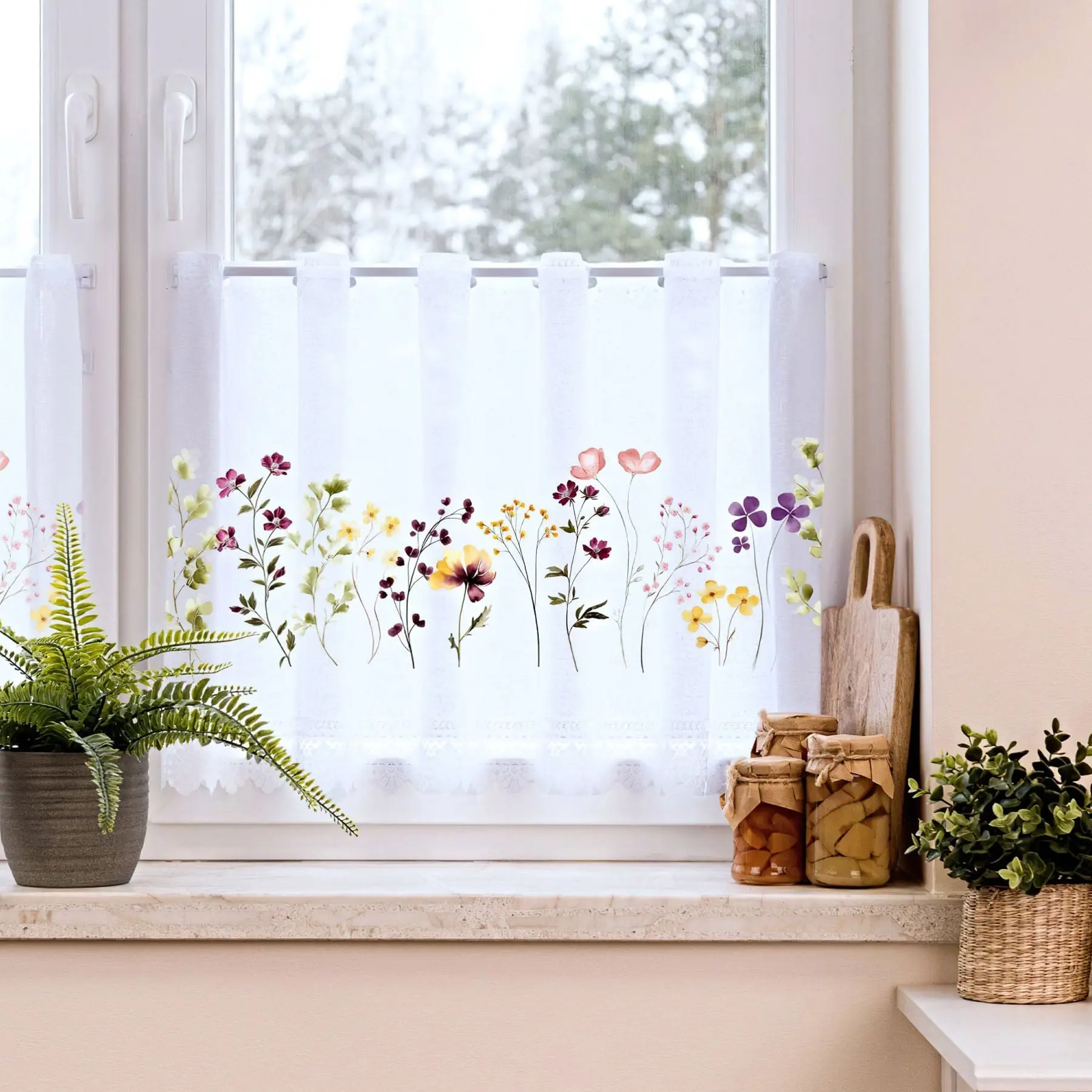 Olzatex žakárová vitrážová záclona KVÍTÍ TISK, barevné květiny, bílá, s bordurou, výška 48cm (v metráži)