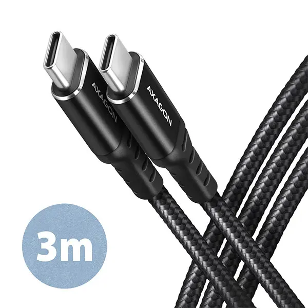AXAGON BUCM-CM30AB, HQ kabel USB-C <-> USB-C, 3m, USB 2.0, PD 60W 3A, ALU, oplet, černý, BUCM-CM30AB