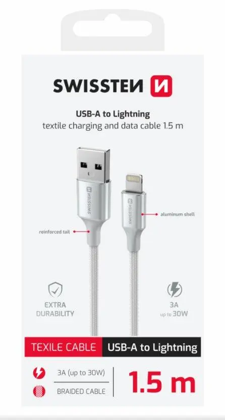 SWISSTEN DATOVÝ KABEL TEXTILE II USB / LIGHTNING 1,5 M BÍLÝ