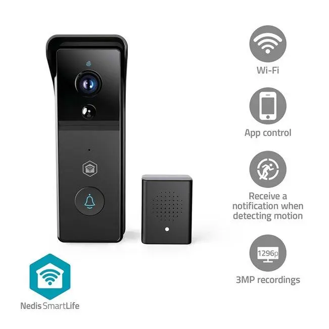 Nedis WIFICDP21BK SmartLife Dveřní Video Telefon | Wi-Fi | Napájení z baterie | 3MP Full HD 1296p | IP54 | Snímač pohybu