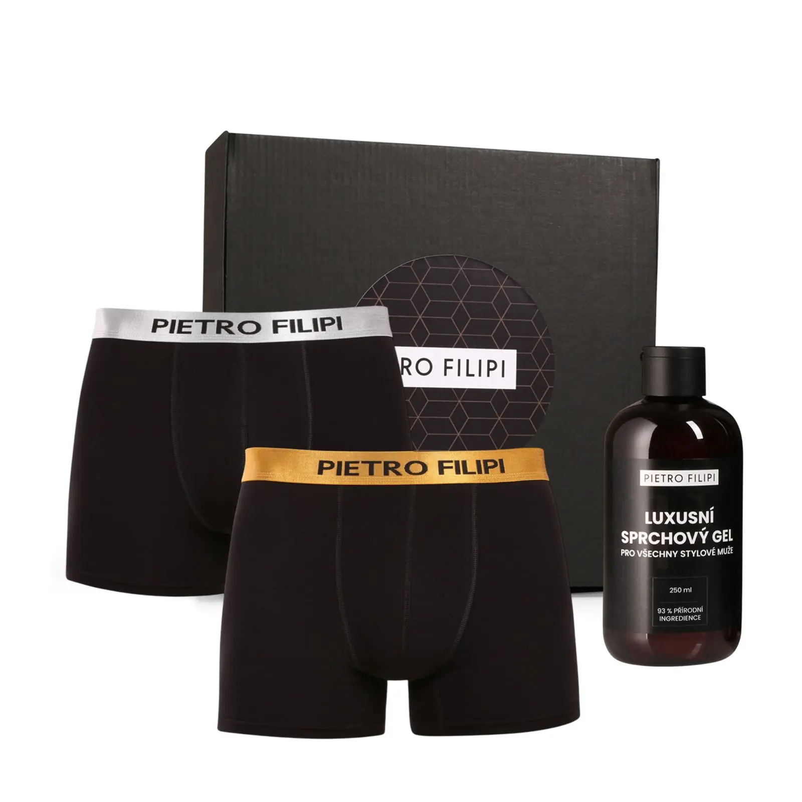 Pánská dárková sada 2PACK boxerky Metalic a sprchový gel Pietro Filipi (3PBP1)