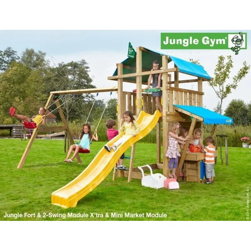 Hřiště Jungle Fort se skluzavkou, modulem MiniMarket a houpačkami 2-Swing Frame