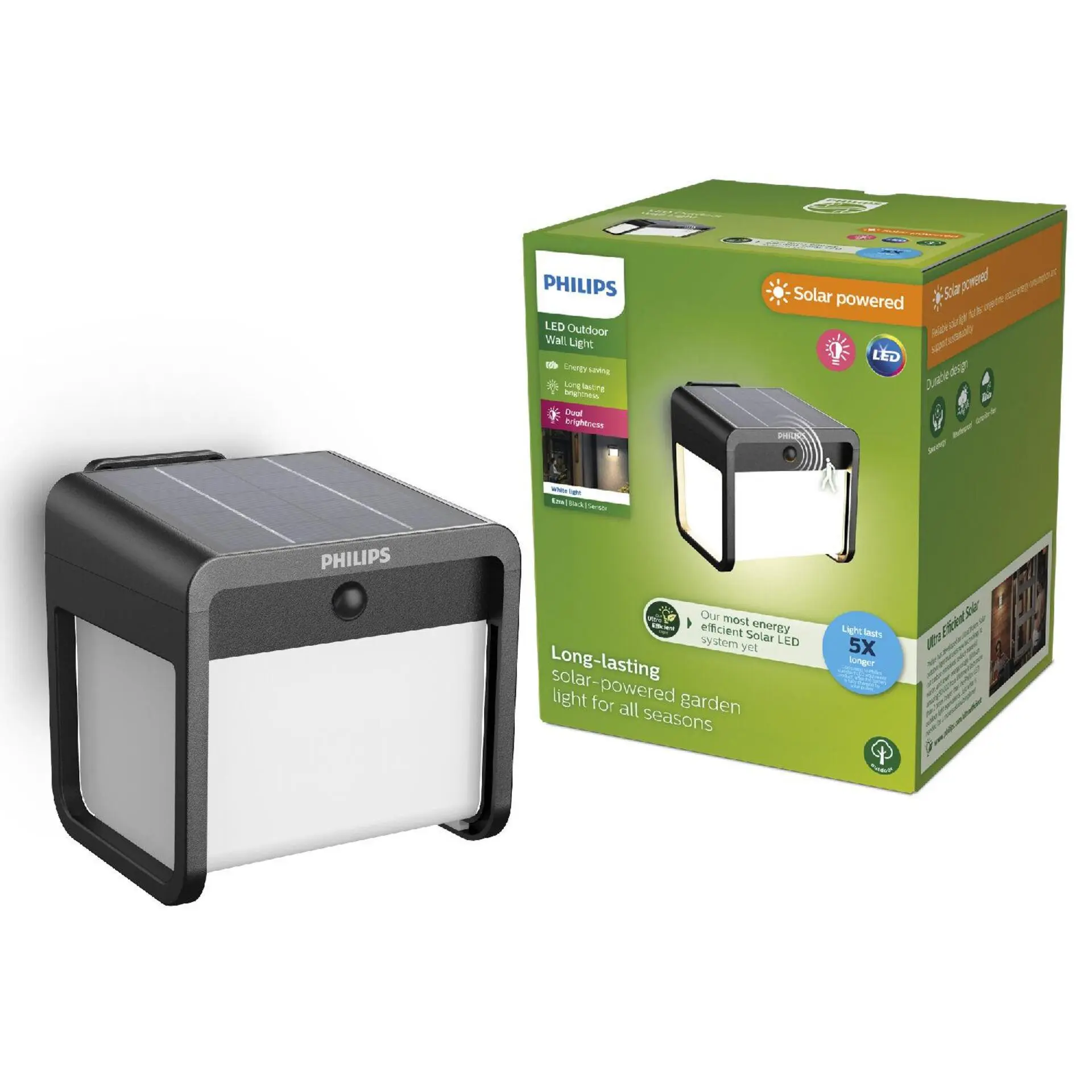 Philips Ezra UltraEfficient solární LED svítidlo se senzorem 1,8W 250/25lm 3000K IP44, hranaté, černé