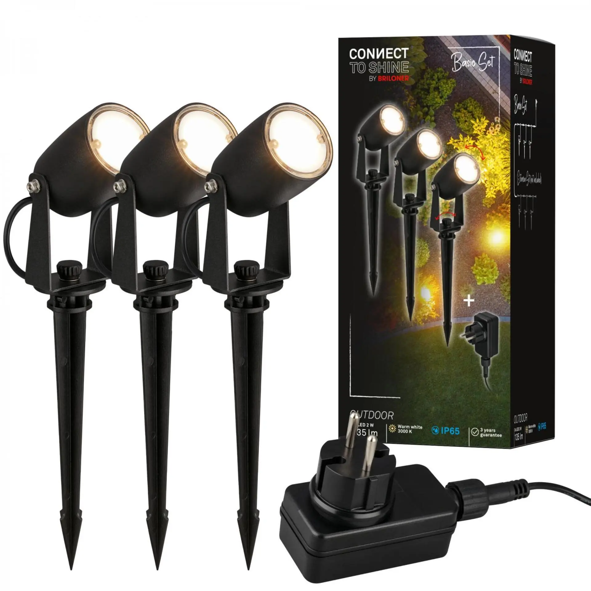 BRILONER CONNECT TO SHINE startovací sada 12V zahradní osvětlení - trafo, 3x LED bodové svítidlo se zápichem, nastavitelné, IP65, černá 3927035