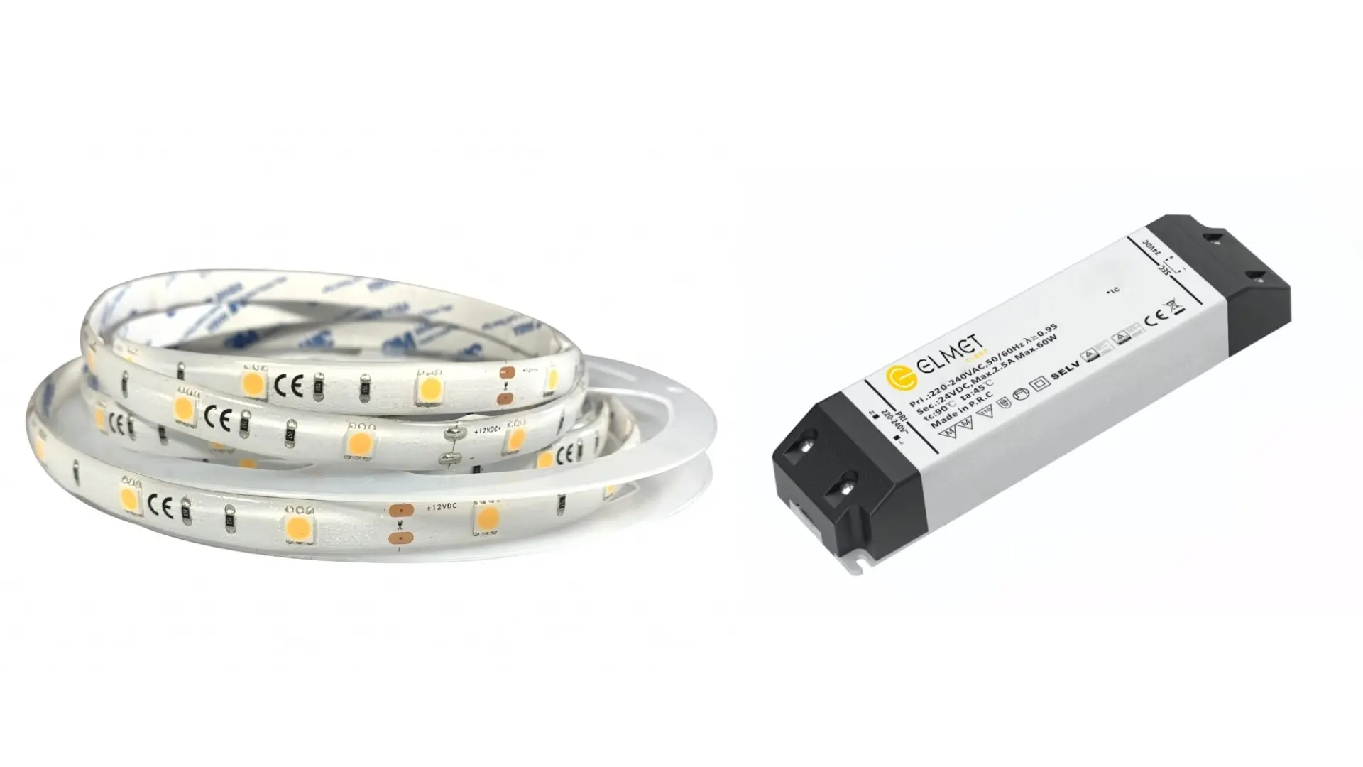ELMET LED pásek 5050/30 SMD 7,2W/m teplá bílá 12V IP65 5m + LED zdroj 0-60W 12V