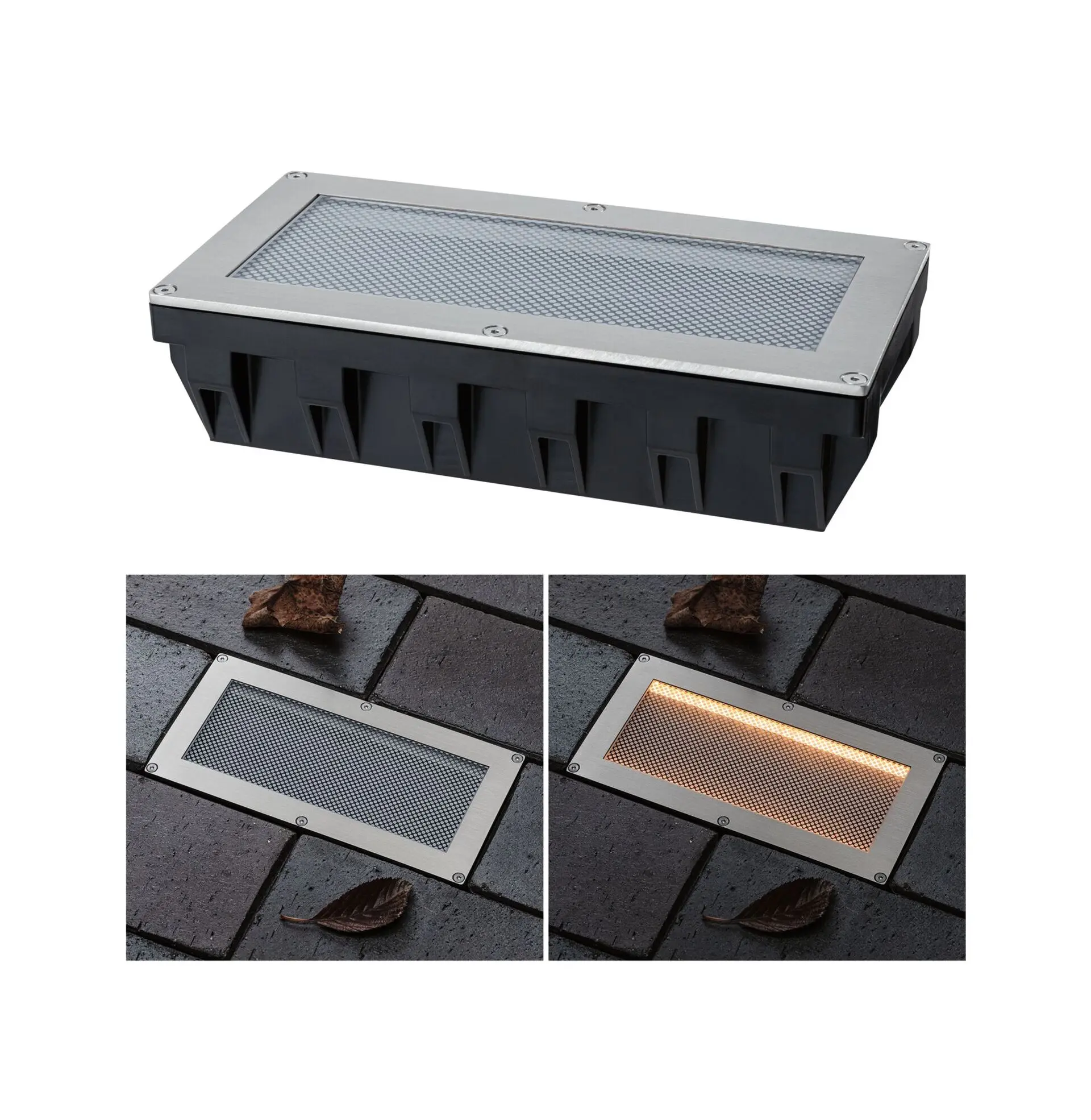 PAULMANN Solární LED zemní svítidlo Sorea soumrakový senzor IP67 hranaté 200x100mm 2200K 0,3W 3,7V kov kartáčovaný ABS/polykarbonát/ocel