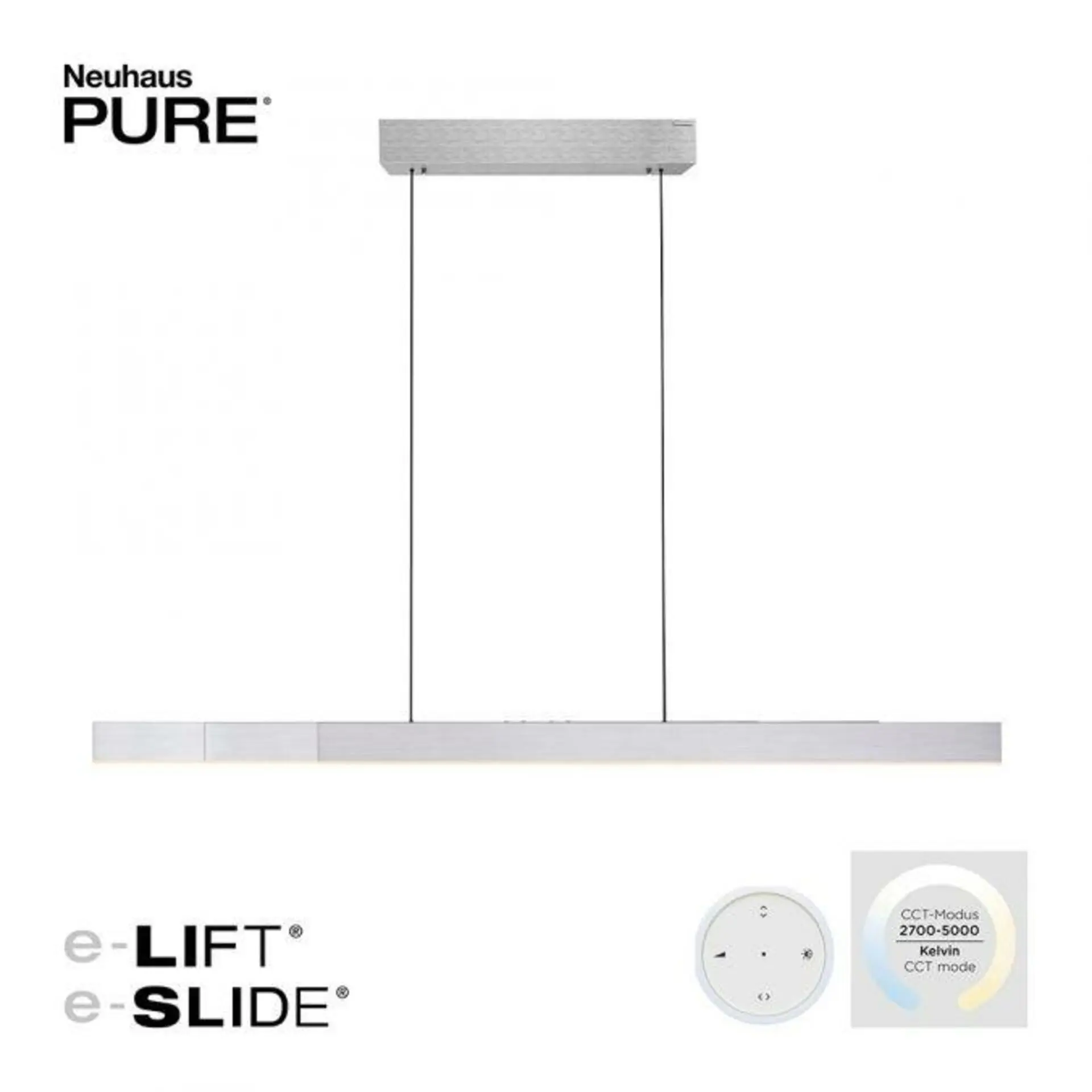 PAUL NEUHAUS LED závěsné svítidlo PURE-MOTO-RISE elektricky nastavitelná výška dotykový vypínač 2700-5000K hliník 2545-95