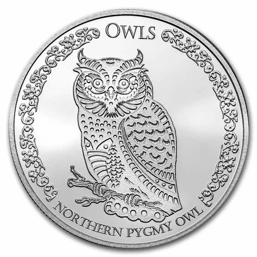 9Fine Mint 2021 Tokelau 5 $ Sovy: Northern Pygmy Owl BU 1 oz