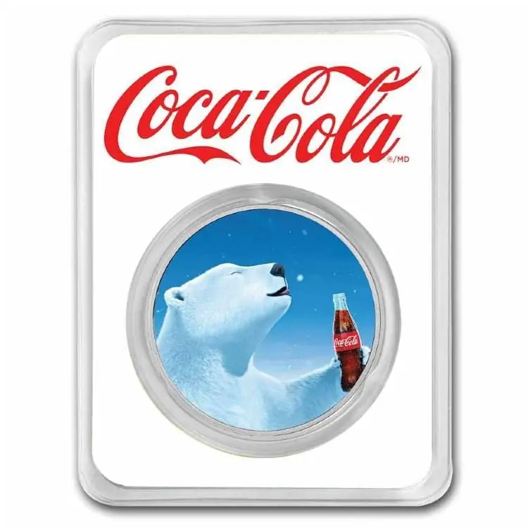 9Fine Mint COCA COLA® Polární medvěd 1 OZ SILVER Barevná mince TEP