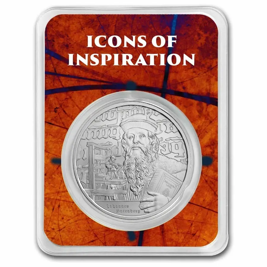 Stříbrná mince Johannes Gutenberg 1 oz Icons of Inspiration 2024 Niue Ag 999 TEP