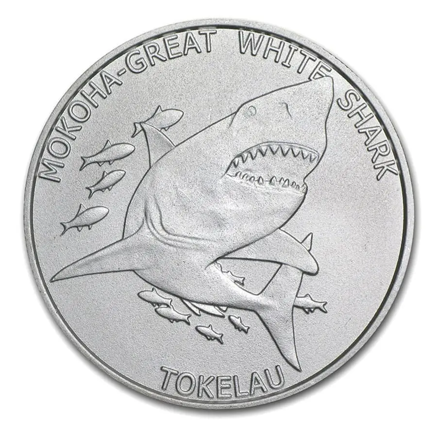 Stříbrná mince Velký bílý žralok 1 oz Mokoha Tokelau 2015 Ag 999 Highland Mint