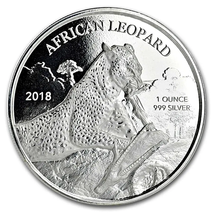 Mince - 1 oz Stříbrná mince 2018 Republika Ghana 5 Cedi African Leopard BU