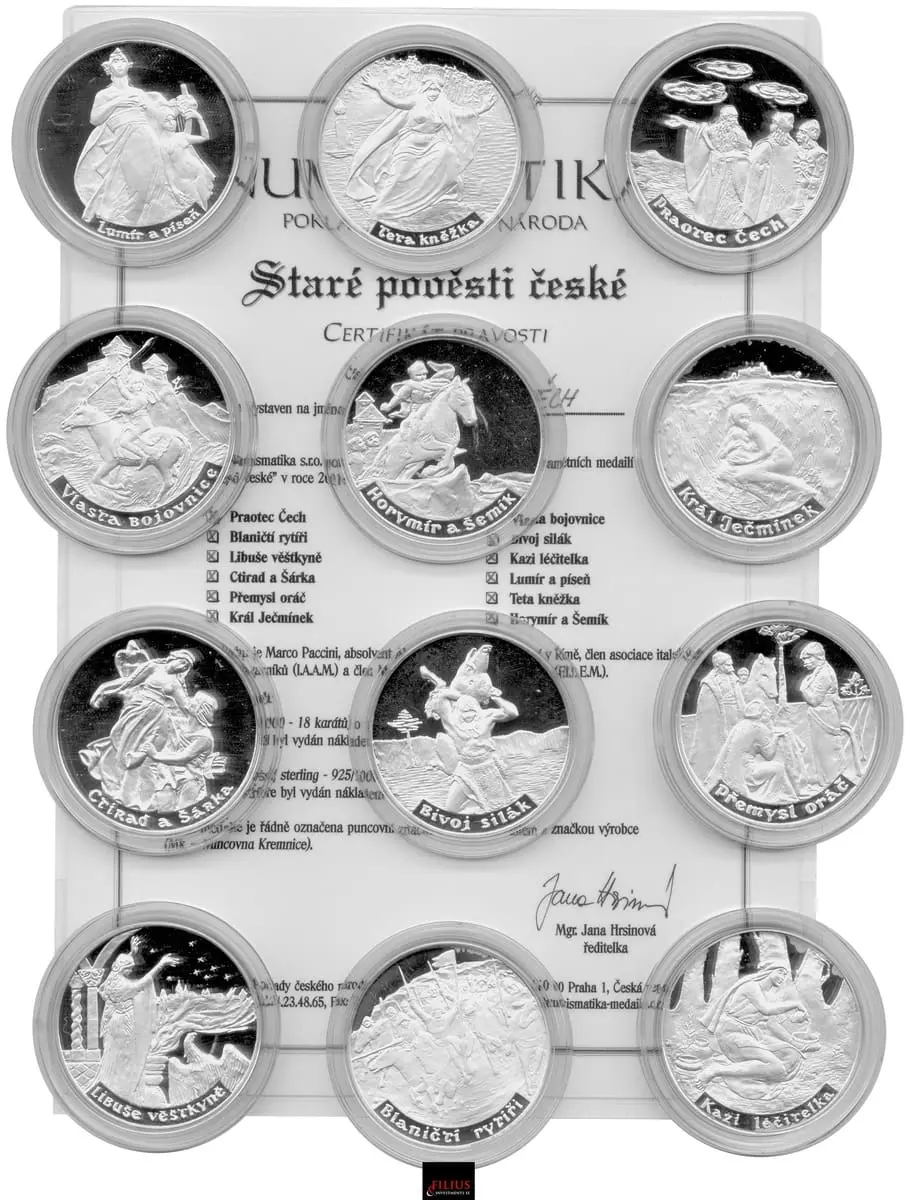 ČR – Luxusní sada 12x Stříbrná medaile 2001 STARÉ POVĚSTI ČESKÉ 240g Ag 925 Dřevěná kazeta & Certifikát