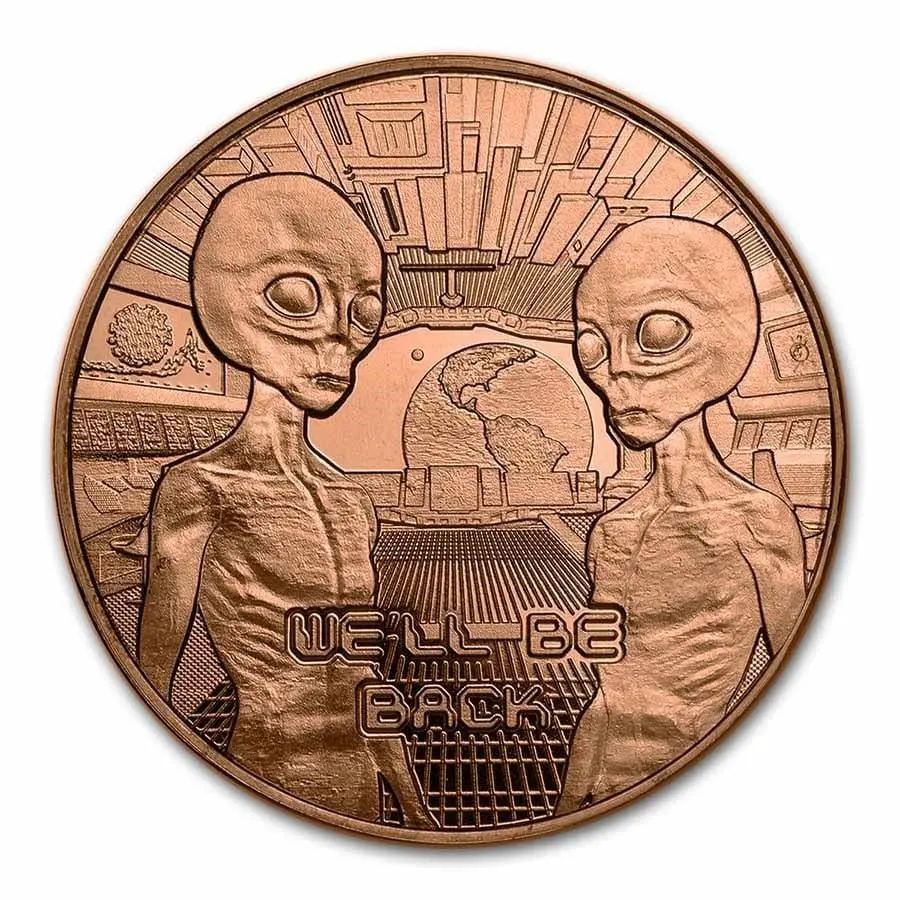 Osborne Mint Měděná mince UFO Aliens "We'll be Back" Vetřelci "Vrátíme se" 1 Oz
