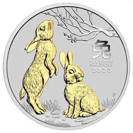 Stříbrná mince Rok Králíka 1 Oz 1 $ Austrálie 2023 (se zlatými prvky)