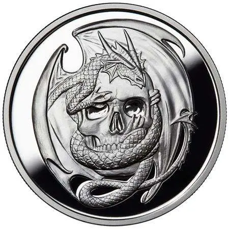 Stříbrná mince Skull Embrace 1 oz Anne Stokes Dragons Collection Barevný nátisk Číslovaná hrana