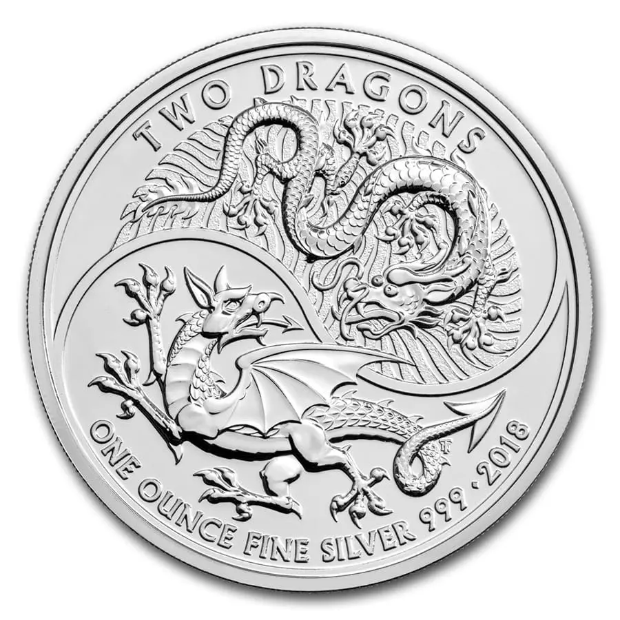 Royal Mint Mince -2018 Velká Británie 1 oz Stříbro Dva draci