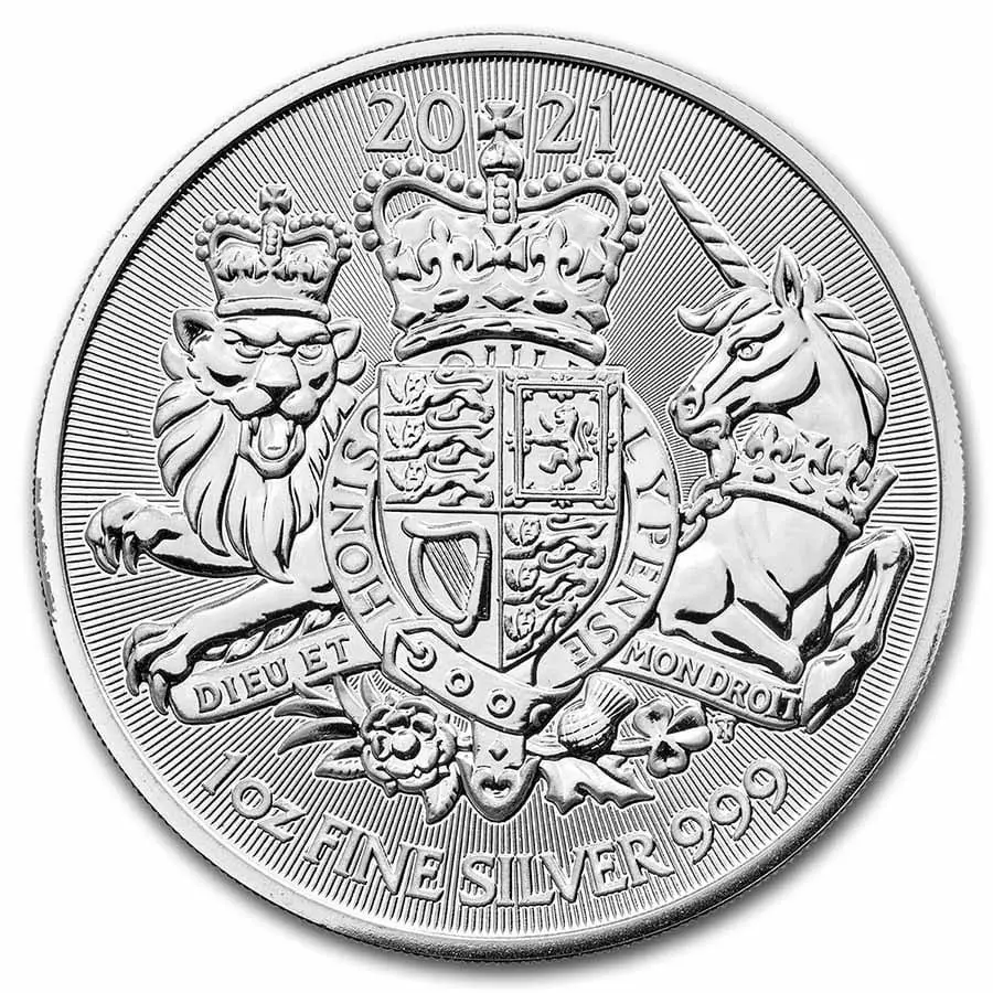 Velká Británie – 2 GBP Stříbrná mince 2021 THE ROYAL ARMS (Královský znak) 1 oz Ag 999 BU Royal Mint