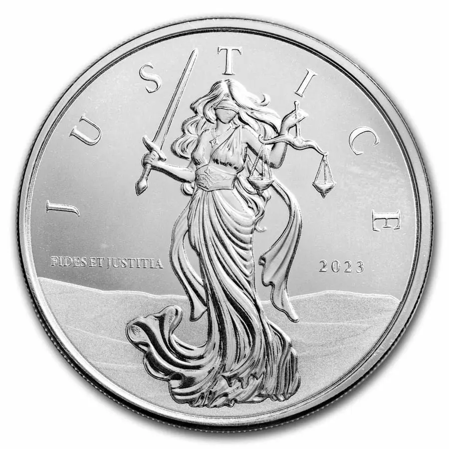 Stříbrná mince Lady Justice 1 oz 2023 Gibraltar Ag 999 Scottsdale Mint BU