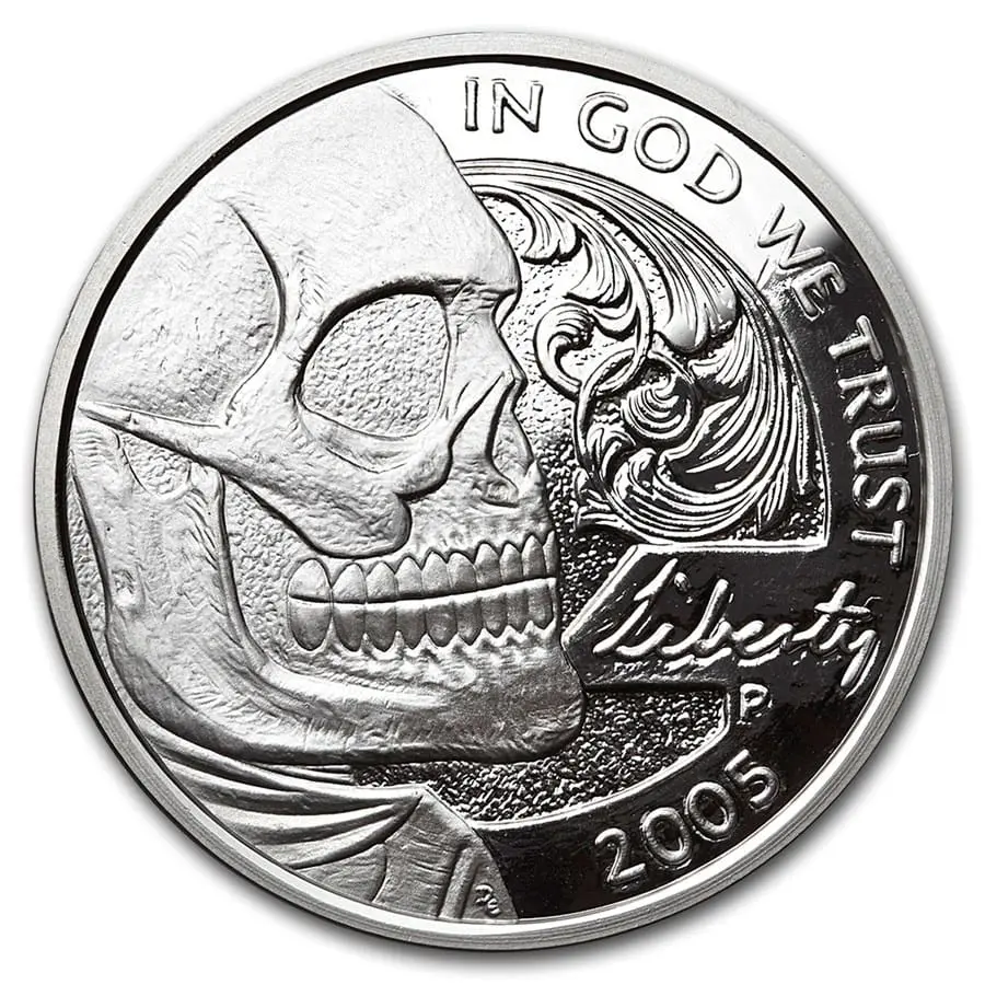 Silver Shield – 1 oz stříbrná mince Hobo Nickel Replica: Jeffersonova lebka Ag 999 Proof Číslovaná hrana