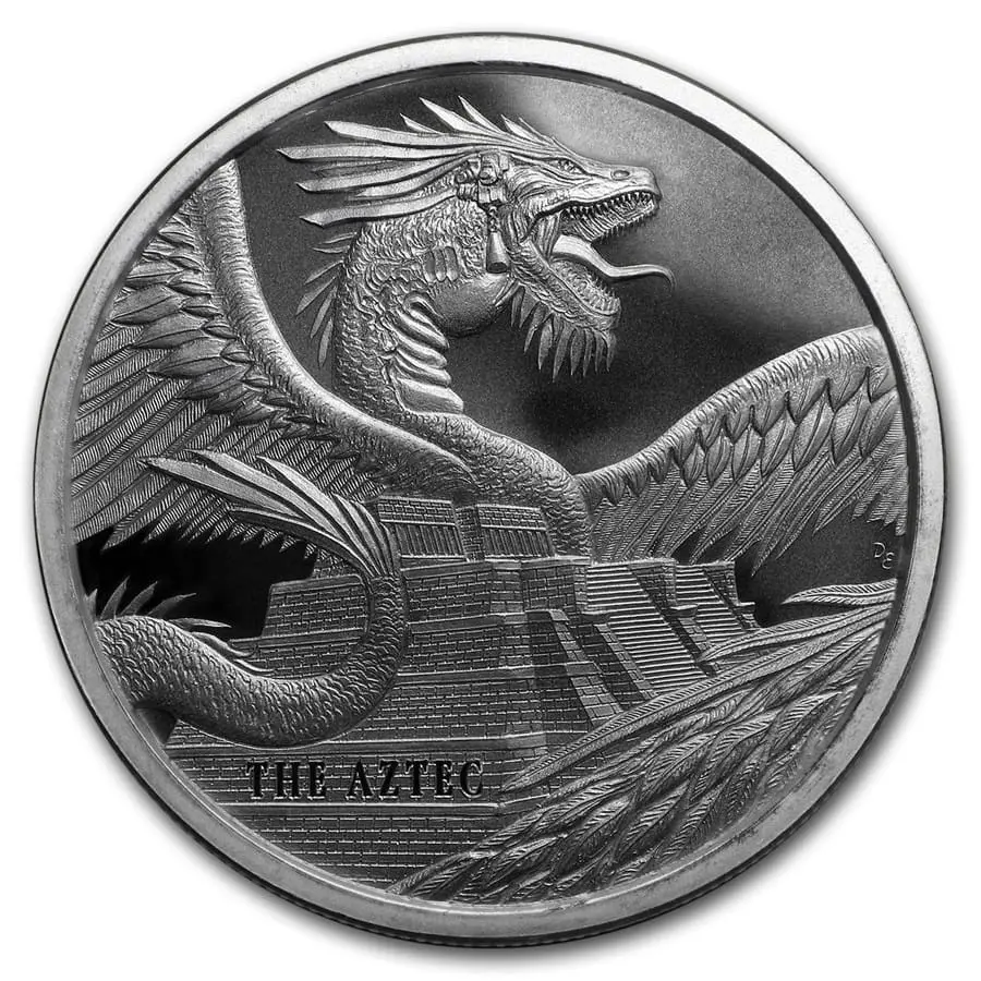 Stříbrná mince Aztécký drak 1 oz Quetzalcóatl World of Dragons Ag 999 Silver Shield