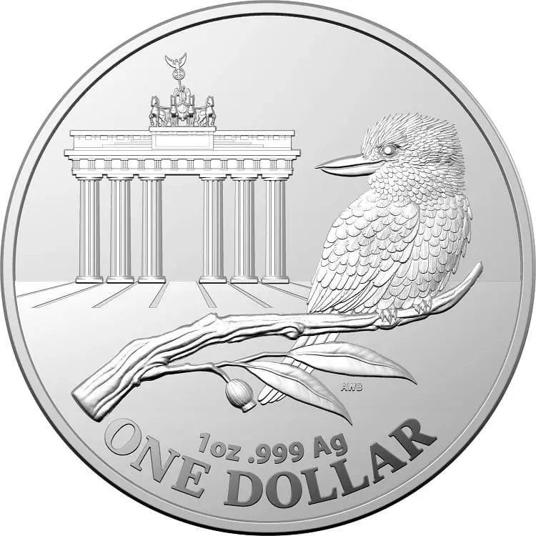 Austrálie – 1 AUD Stříbrná mince 2020 KOOKABURRA & BRANIBORSKÁ BRÁNA World Money Fair Berlin| 1 oz Ag 999 BU