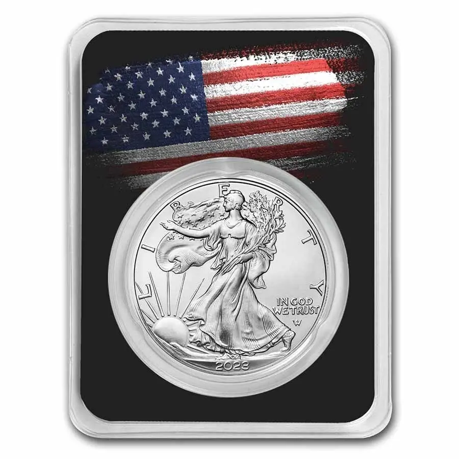 UNITED STATES MINT Stříbrná mince Eagle – s americkou vlajkou, černá karta TEP 1 Oz 2023