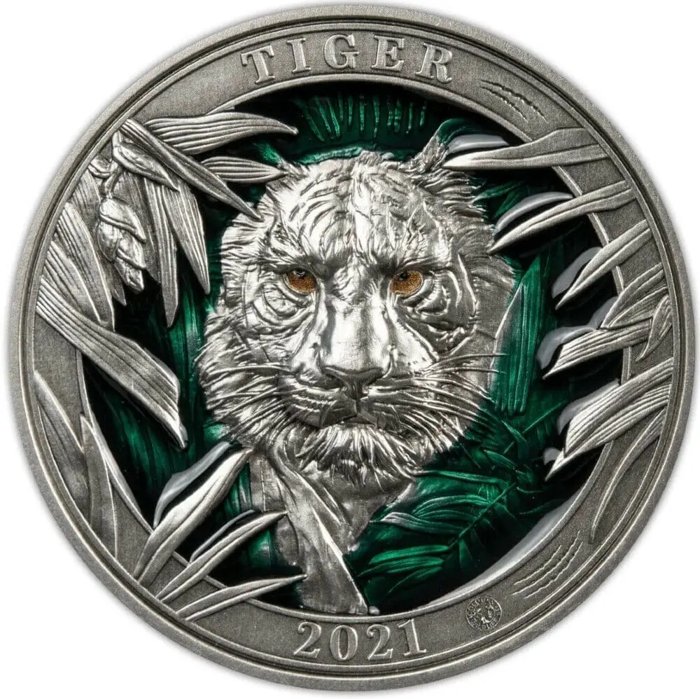Perth Mint Stříbrná mince MAJESTICAL TIGER of Wildlife 3 Oz 5 $ Barbados 2021 barevná