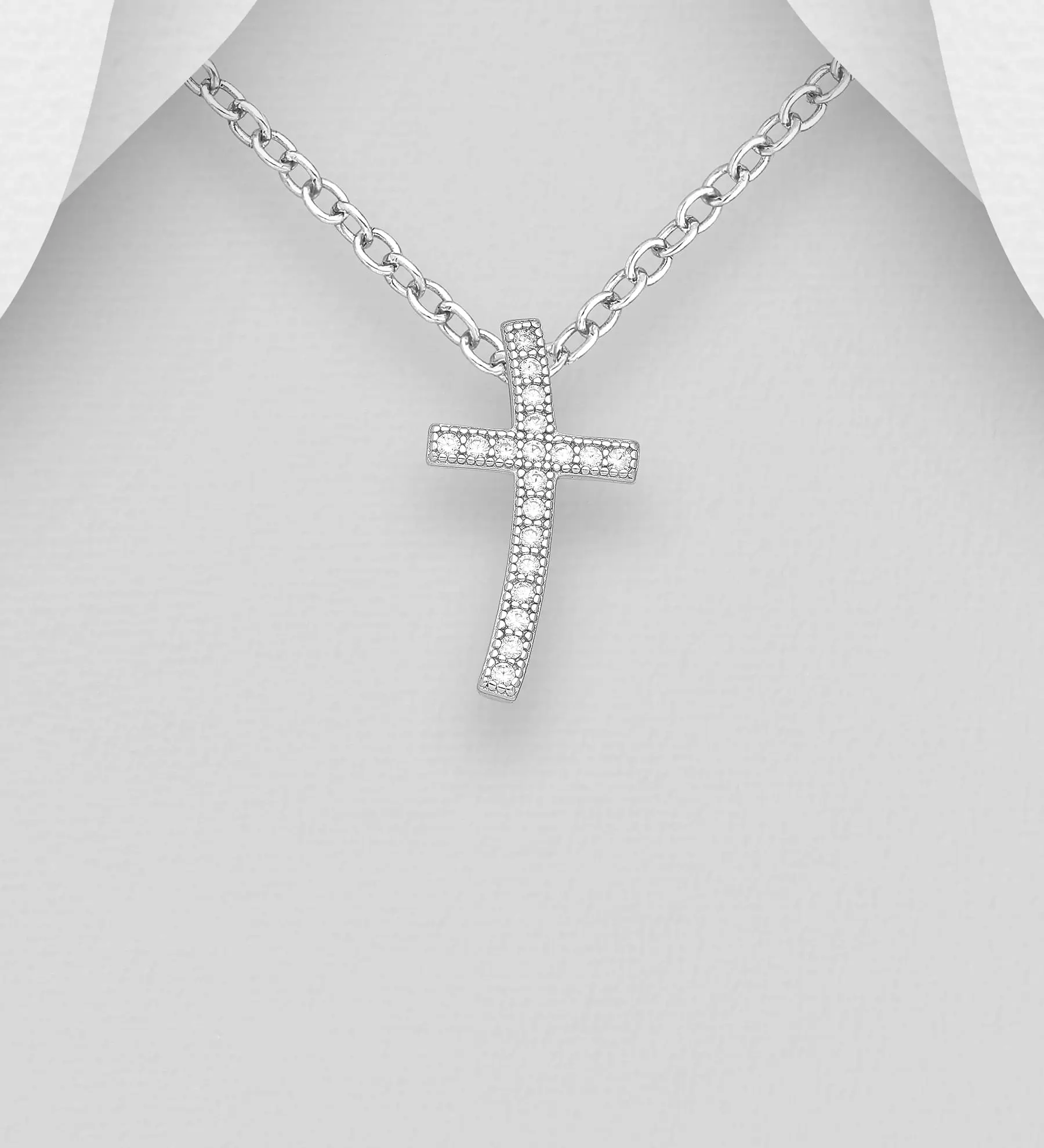 Přívěsek se zakřiveným křížem ze stříbra 925, zdobený simulovanými diamanty CZ