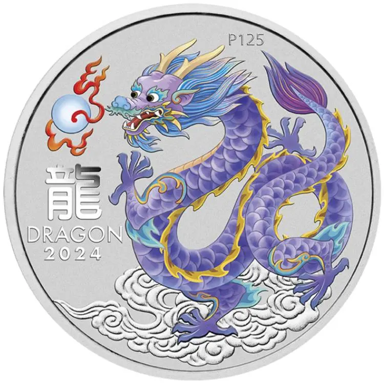 Lilac Dragon Drak 2024 $ 1 1 oz Stříbrná lunární barevná mince v kapsli