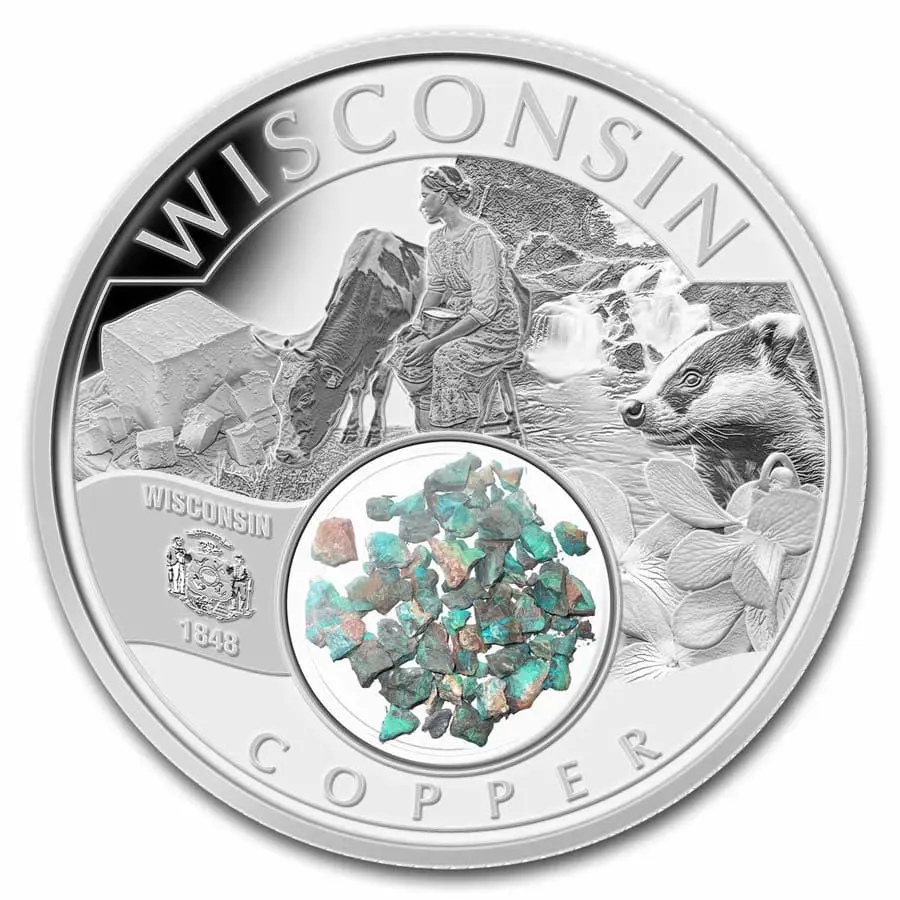2024 1 oz Stříbrné poklady americké mědi Wisconsin (Box/COA) Native Mint