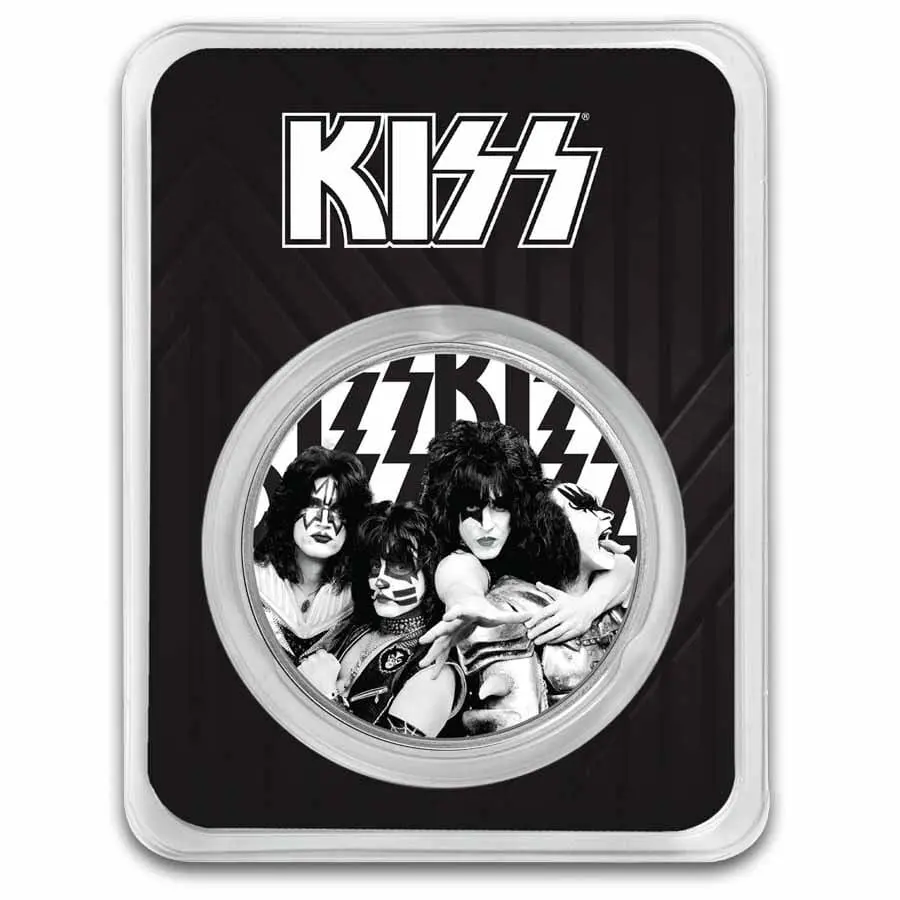 Stříbrná mince černobílé logo Kiss 1 Oz v TEP