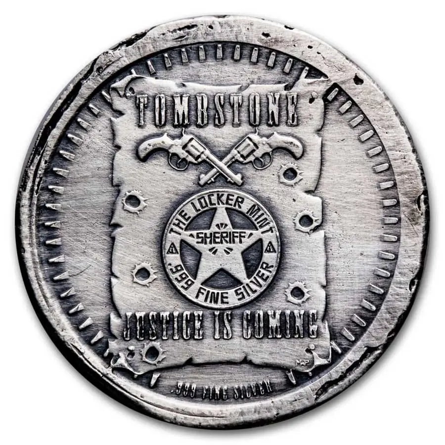 2 oz stříbrná ručně litá mince - náhrobek Tombstone