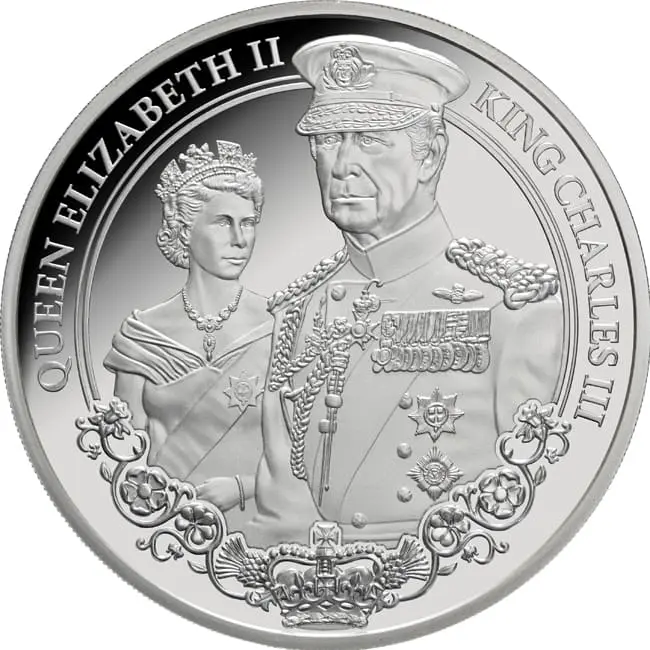 Stříbrná mince Král Karel III. a královna Alžběta II. – 1 oz, Niue 2025