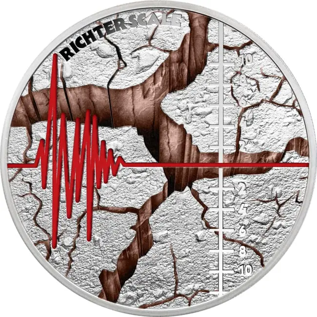 Stříbrná mince Niue 1 oz z roku 2025, proof, k 90. výročí, Richterova stupnice