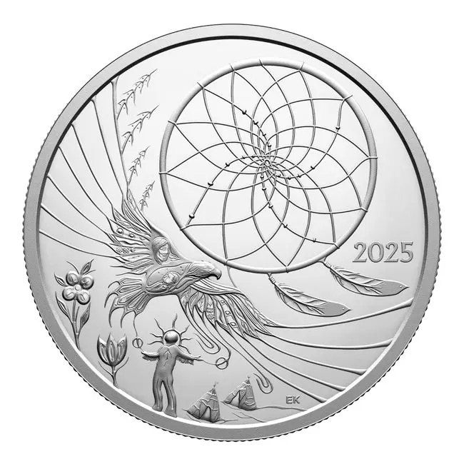 Stříbrná mince 20 CAD – Legenda o lapači snů 2025 – Kanada, 31,39 g, stříbro 999,9/1000