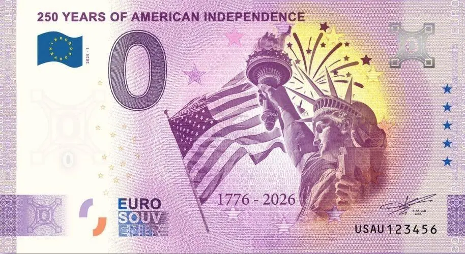 USA – 0 Euro suvenýrová bankovka 2025 250 LET AMERICKÉ NEZÁVISLOSTI (1776–2026) USAU 2025-1