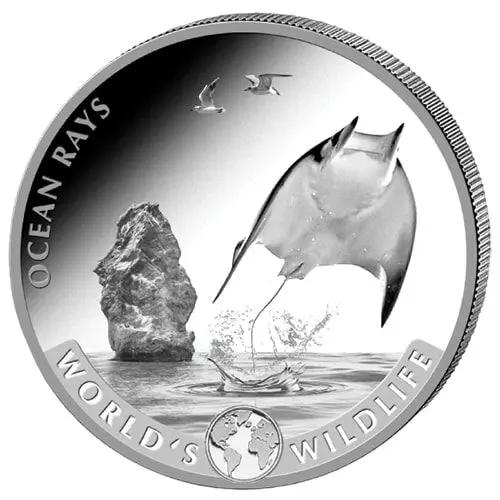 Kongo – 1 oz stříbrná mince 20 Franků 2023 Ocean Ray (Rejnok) Ag 999,9 Geiger Mint World's Wildlife