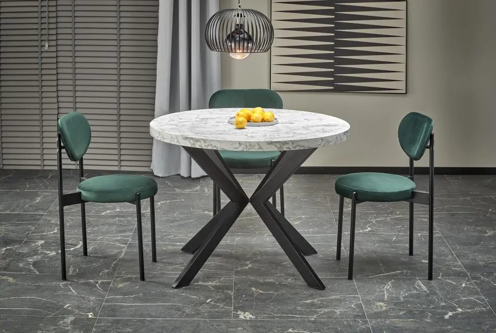 Jídelní kulatý rozkládací stůl PERONI – 100x100x75 (+150), dekor bílý mramor, černá Halmar